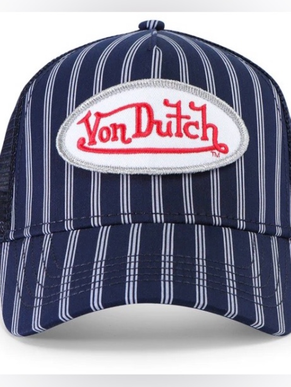 Von Dutch Navy & White Striped Trucker Hat with Red Patch. New with tags.
